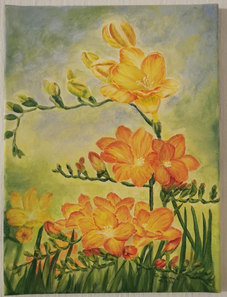 Freesien Blüten mit Acrylfarben auf Leinwand