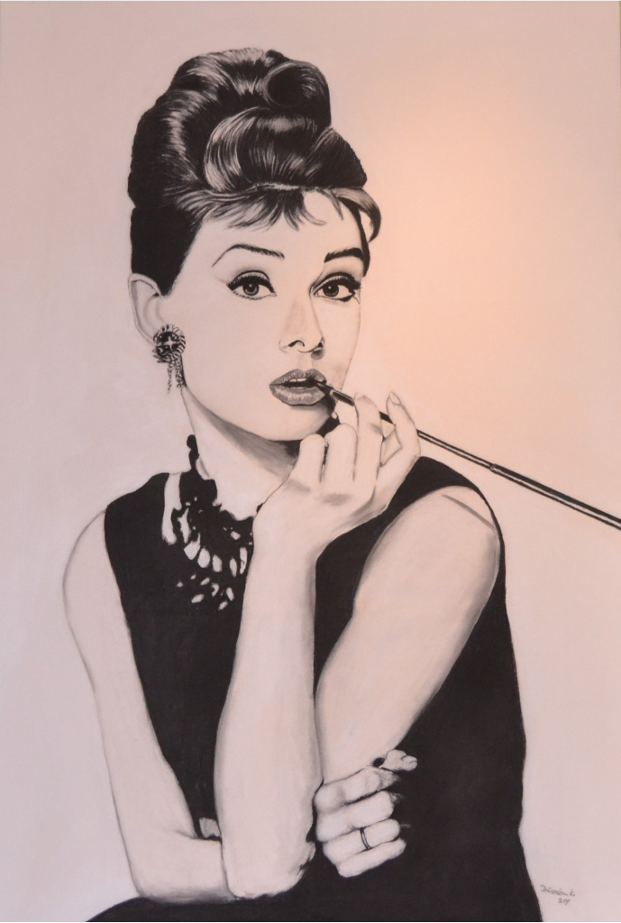 Audrey Hepburn, Auftrag, Kohle auf Leinwand 1,00 x 1,50 m