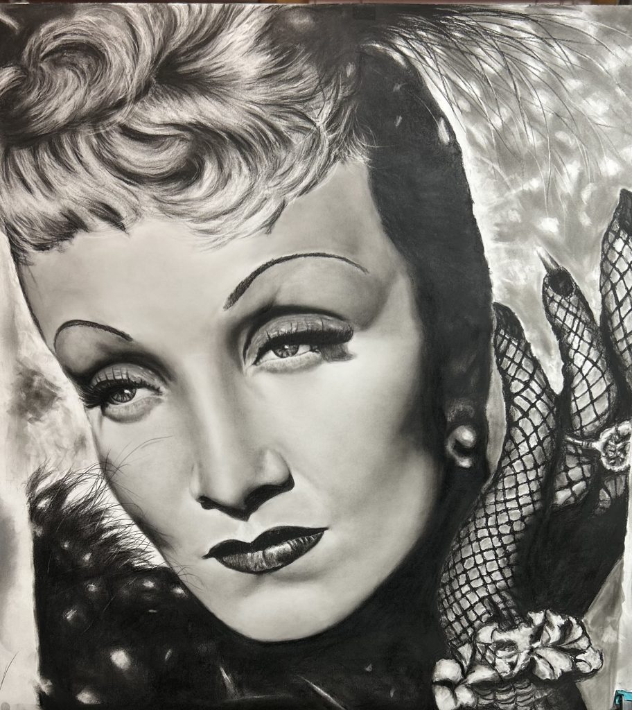 Marlene Dietrich Portrait mit Bleistift/Kohle