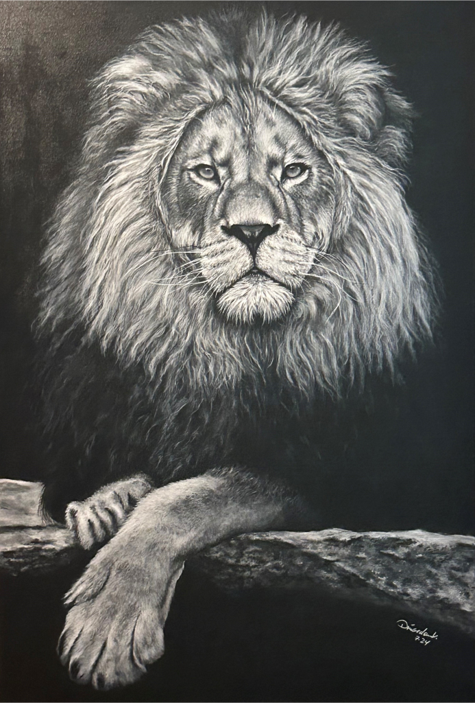 Löwenportrait mit Acrylfarbe schwarz 120 mal 80 cm weiß auf Leinwand