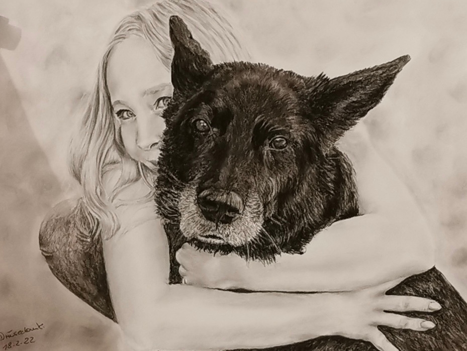 Handgezeichnetes Portrait eines Mädchens, das liebevoll einen schwarzen Hund umarmt, gezeichnet in Bleistift und Kohle